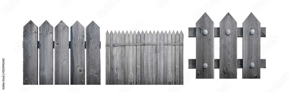 A grey wooden fence with pointed tops and metal accents. A grey wooden fence with pointed tops and metal accents.