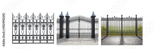 Three different types of black metal fencing with intricate detailing against a white background.