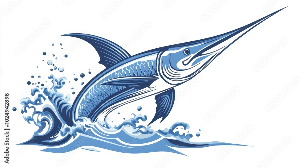 A bold illustration of a blue marlin swordfish jumping out of the sea, isolated on a white background, representing marine adventure and sport fishing A bold illustration of a blue marlin swordfish jumping out of the sea, isolated on a white background, representing marine adventure and sport fishing