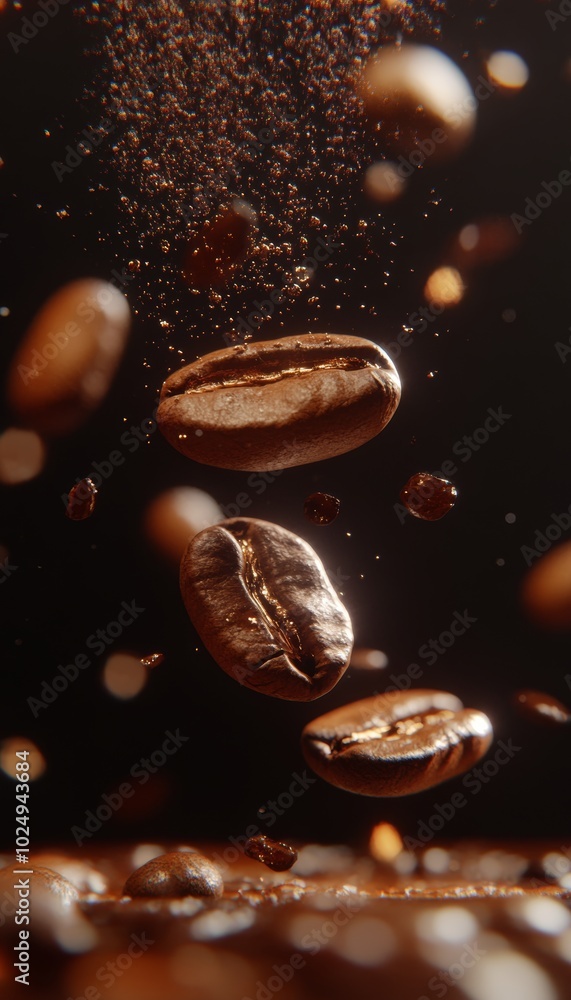 Roasted Coffee Beans Falling or Floating, Delicious Splash of Freshness for Coffee Banner Roasted Coffee Beans Falling or Floating, Delicious Splash of Freshness for Coffee Banner