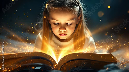 Beautiful little girl reading magic book. Created with Generative AI.