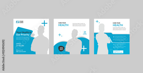 Medical service social media post design template, Medical and health care social media post design collection. card, banner, and web ad