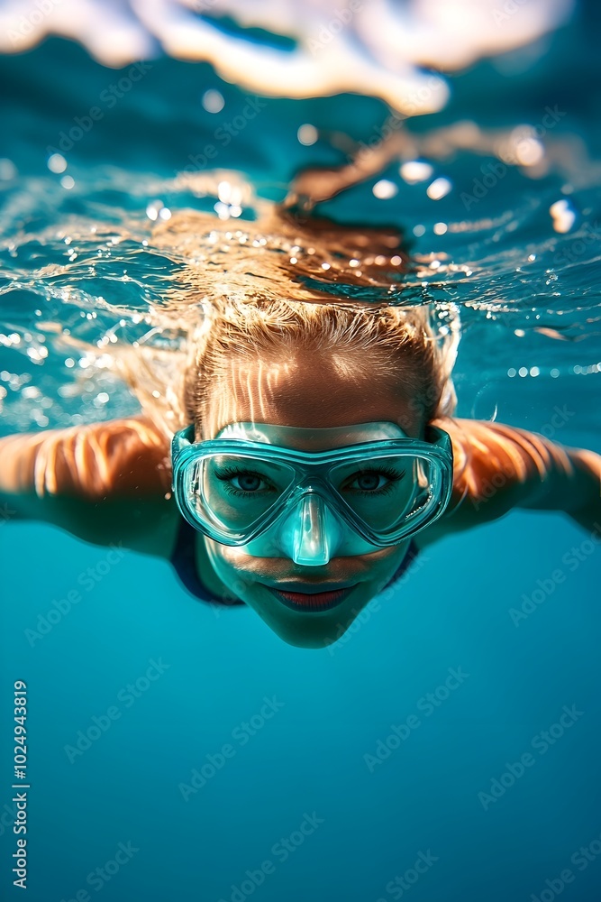 Naklejka premium Graceful Female Swimmer Navigates the Tranquil Underwater Ocean Realm
