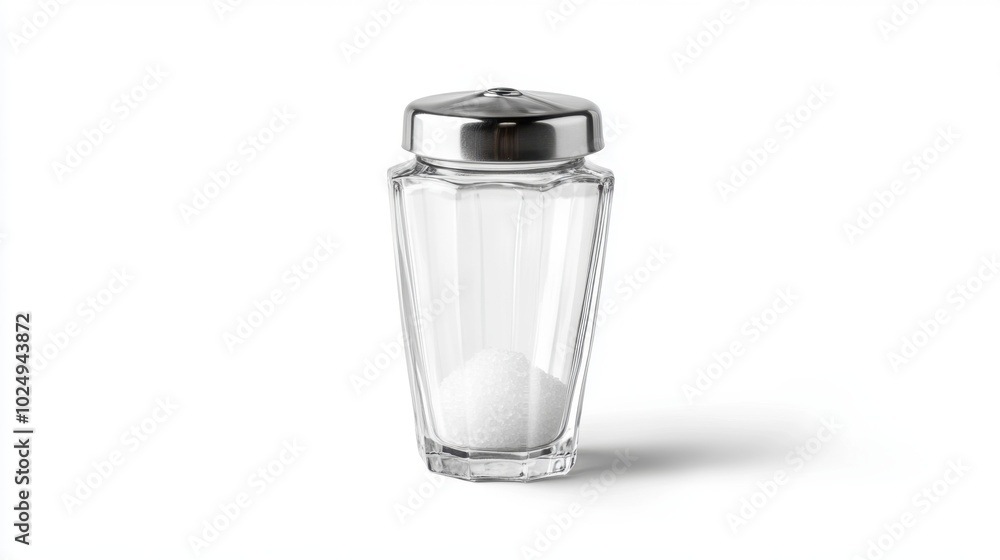 A clear glass salt shaker with a shiny metal lid, isolated on a white background, perfect for culinary use or food-related themes A clear glass salt shaker with a shiny metal lid, isolated on a white background, perfect for culinary use or food-related themes