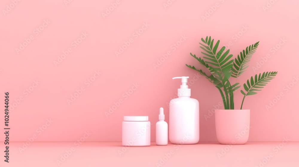 Minimalist product display with a plant on a pink background. Minimalist product display with a plant on a pink background.