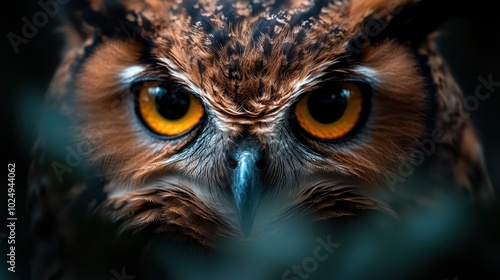 An owl stands poised among dark foliage, its striking yellow eyes reflecting wisdom and mystery, embodying the spirit of the night and nature's elegance. photo