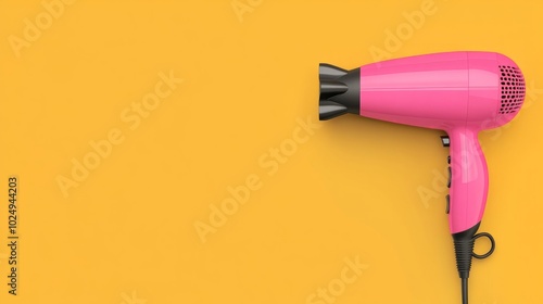 A pink hairdryer on a yellow background with copy space.