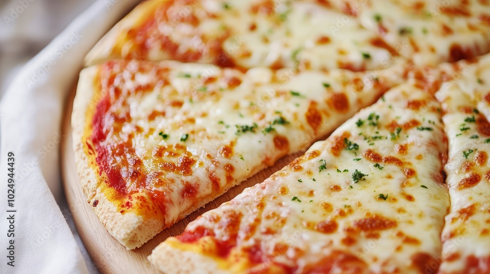 Close up of a freshly baked cheese pizza with a slice missing, on a wooden board. Close up of a freshly baked cheese pizza with a slice missing, on a wooden board.