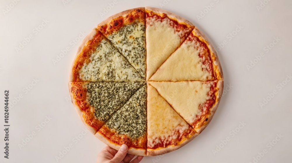 A half cheese and half pesto pizza, sliced into eight pieces, with one slice being picked up by a hand. A half cheese and half pesto pizza, sliced into eight pieces, with one slice being picked up by a hand.