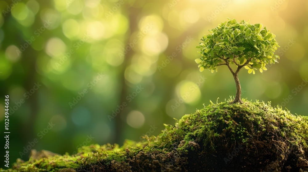 Small tree on a mossy mound in a sunlit forest Small tree on a mossy mound in a sunlit forest