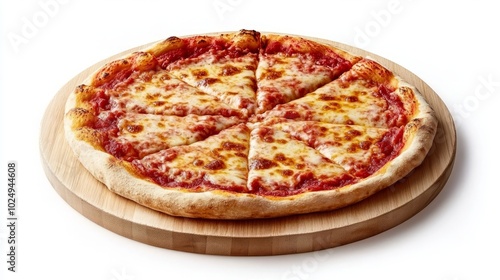 A freshly baked cheese pizza with six slices on a wooden cutting board.