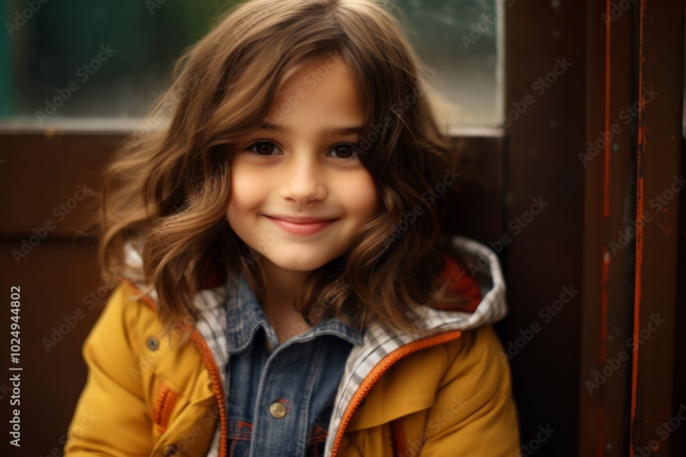 Portrait of a beautiful little girl with long curly hair in a yellow jacket Portrait of a beautiful little girl with long curly hair in a yellow jacket