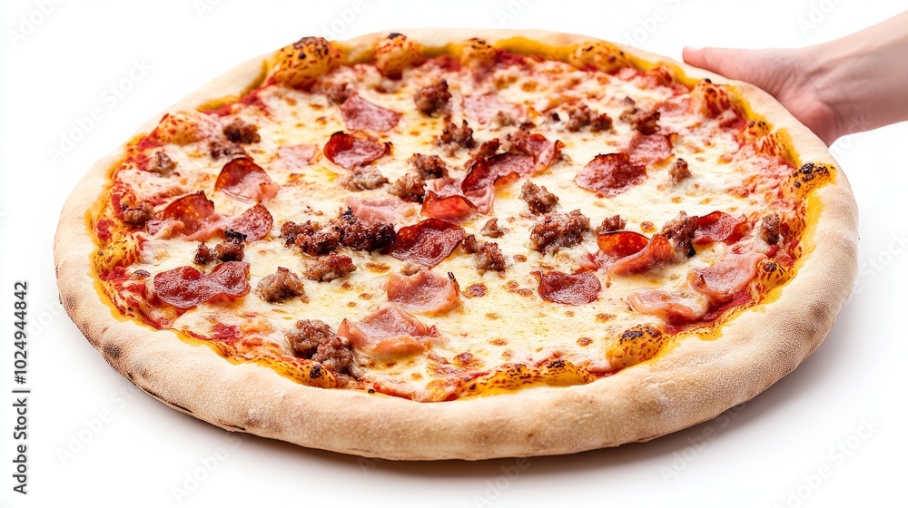A hand holding a freshly baked pizza with pepperoni, bacon, and sausage on a white background. A hand holding a freshly baked pizza with pepperoni, bacon, and sausage on a white background.