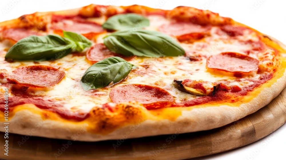 Close-up of a delicious pepperoni pizza with melted cheese and fresh basil leaves. Close-up of a delicious pepperoni pizza with melted cheese and fresh basil leaves.