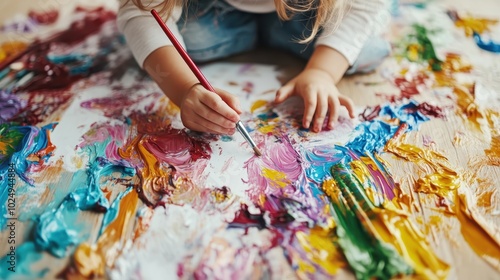 A young child in a playful environment uses a paintbrush to create a colorful masterpiece on a canvas, embodying creativity and the joy of artistic expression. photo