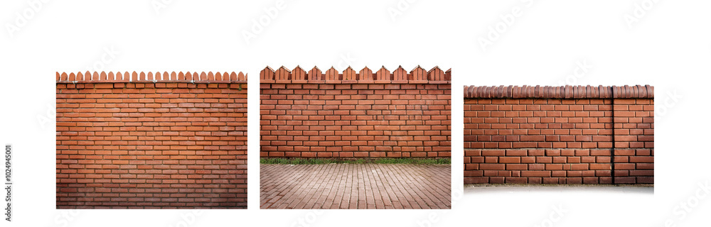 Obraz premium Three brick walls with different top edges against a white background.