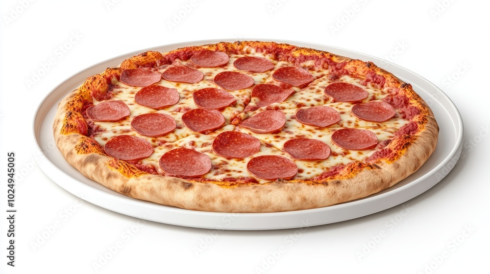 A whole pepperoni pizza on a white plate, isolated on a white background. A whole pepperoni pizza on a white plate, isolated on a white background.