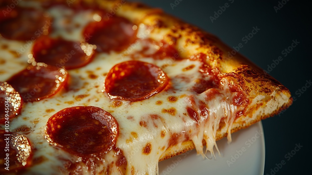 Close-up of a pepperoni pizza slice with melted cheese. Close-up of a pepperoni pizza slice with melted cheese.