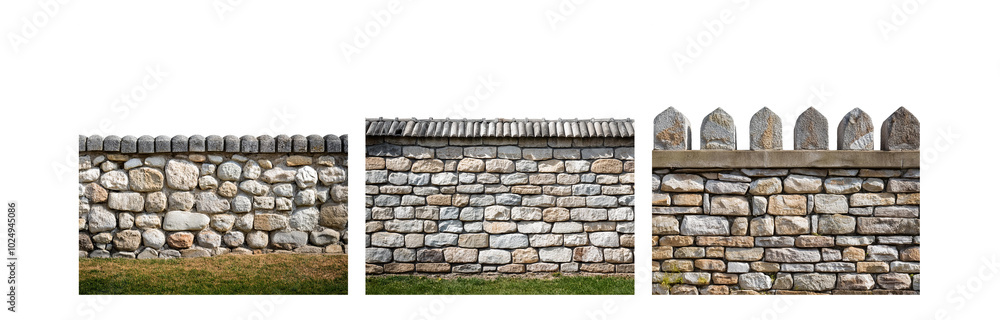 Three different stone wall sections, each with unique capstone design, with green grass at the bottom. Three different stone wall sections, each with unique capstone design, with green grass at the bottom.