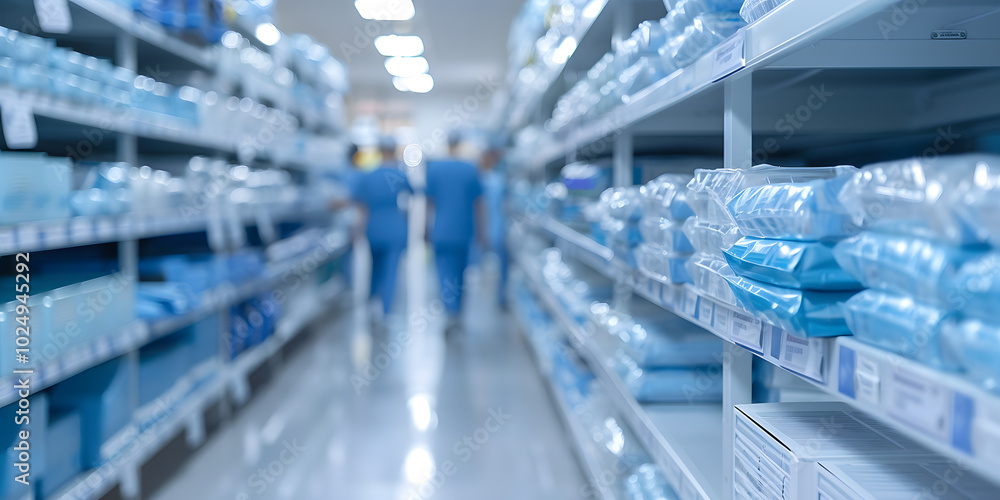 Fototapeta premium Rows of Large Hospital Shelving Units Containing Medical Supplies | Efficient Organisation for Healthcare Facilities