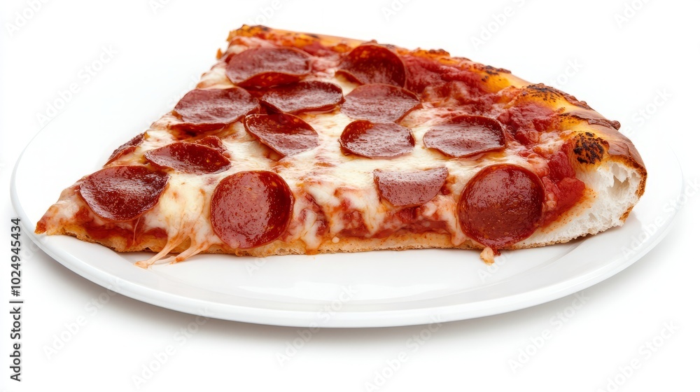 A single slice of pepperoni pizza on a white plate, isolated on a white background. A single slice of pepperoni pizza on a white plate, isolated on a white background.