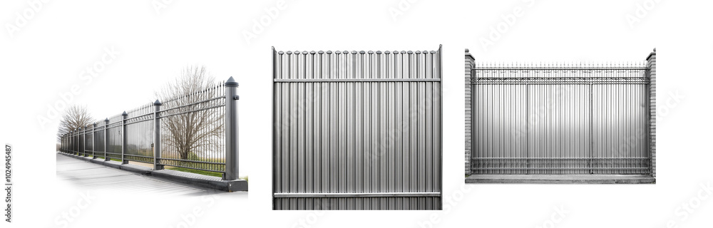 A long metal fence with pointed tops and a concrete base. A long metal fence with pointed tops and a concrete base.