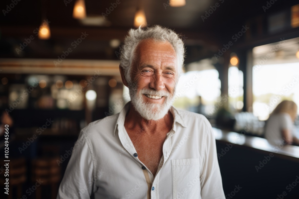 Portrait of a senior man smiling while standing in a cafe. Portrait of a senior man smiling while standing in a cafe.