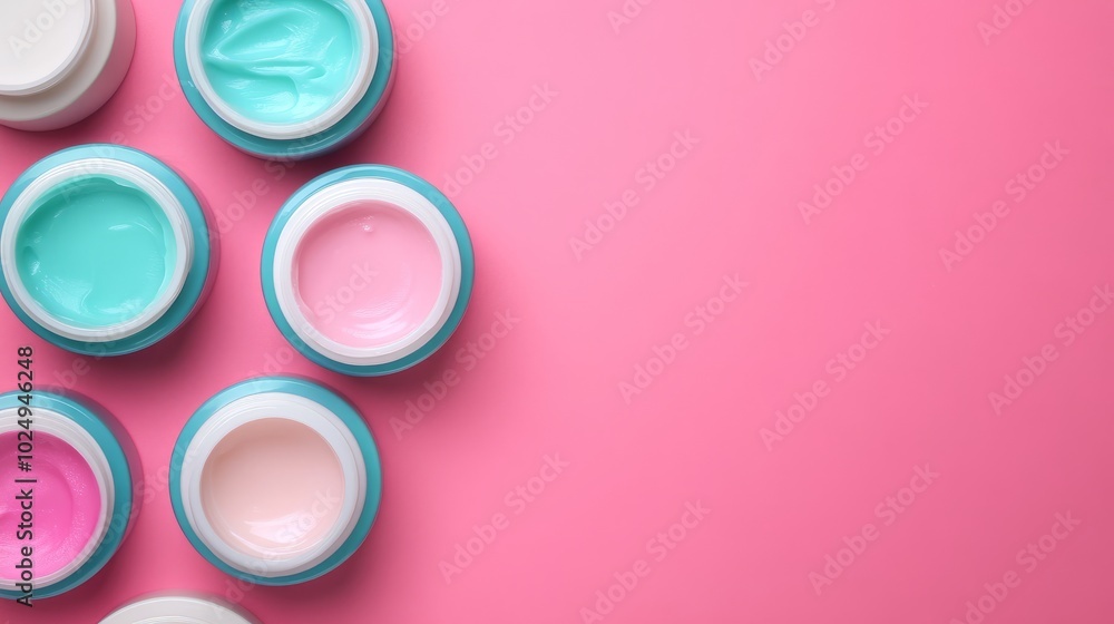 Various skincare creams in small jars on pink background with copy space. Various skincare creams in small jars on pink background with copy space.
