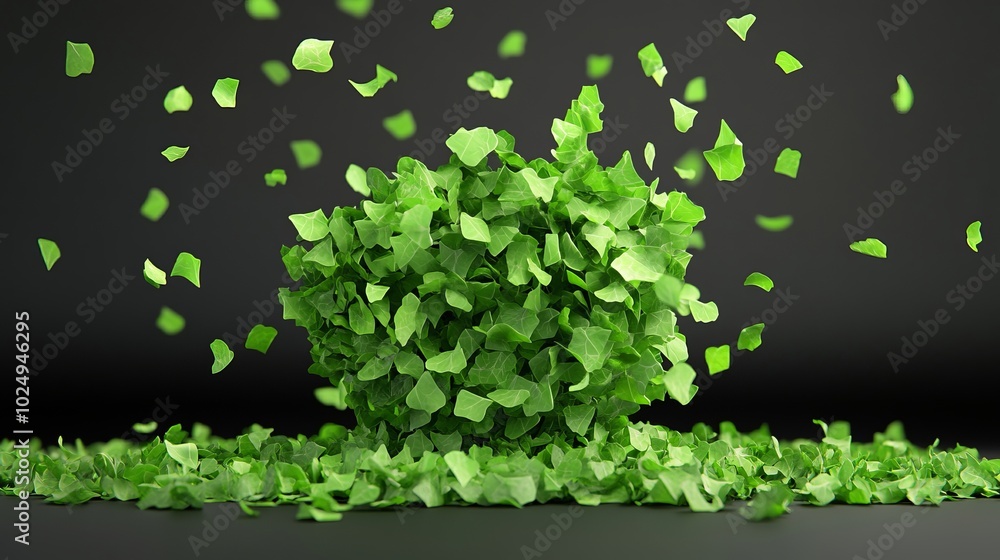 A sphere of green leaves with leaves falling around it. A sphere of green leaves with leaves falling around it.
