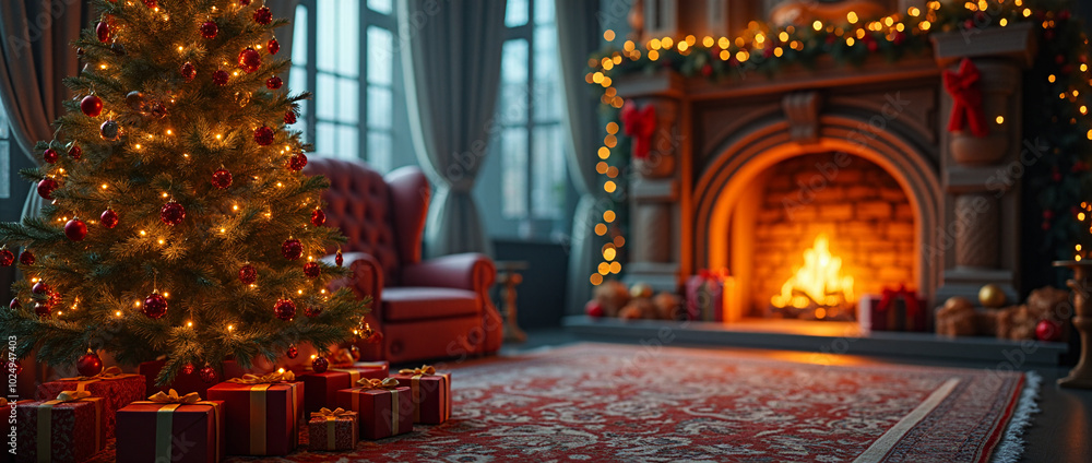 Obraz premium Cozy Christmas scene with a tree by the fireplace, decorated for the holiday season. Background header wallpaper background 3d illustration. Generative art.