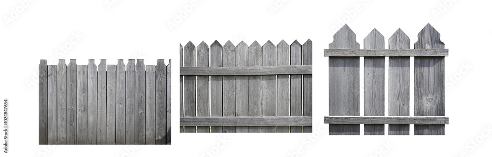 Three sections of a weathered gray wooden fence with pointed tops Three sections of a weathered gray wooden fence with pointed tops