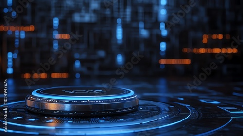 Futuristic digital platform with blue neon light and abstract technology background, showcasing innovation and advanced computing.