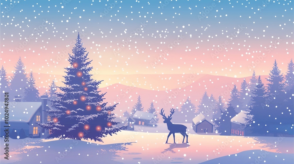 Glowing reindeer silhouette next to a large Christmas tree, with small houses in the background, snow-covered trees, and a soft pink and blue winter sky with snowfall Glowing reindeer silhouette next to a large Christmas tree, with small houses in the background, snow-covered trees, and a soft pink and blue winter sky with snowfall