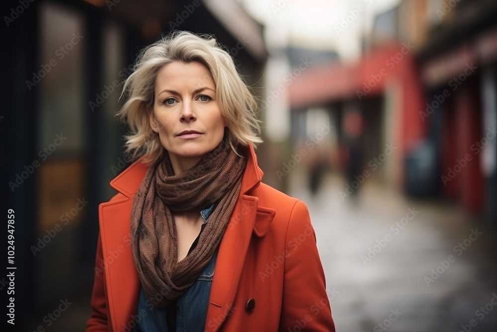 Portrait of a beautiful middle aged woman in red coat and scarf Portrait of a beautiful middle aged woman in red coat and scarf