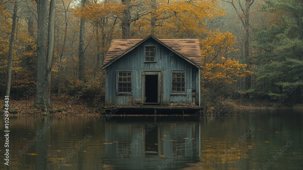 Forgotten Fishing Shack by Serene Lake, weathered wood, overgrown vegetation, reflections on calm water, nature's quiet embrace Forgotten Fishing Shack by Serene Lake, weathered wood, overgrown vegetation, reflections on calm water, nature's quiet embrace