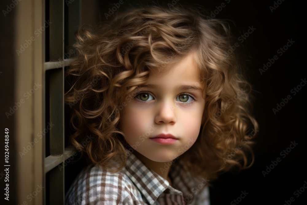 Portrait of a beautiful little girl with curly hair looking through the window Portrait of a beautiful little girl with curly hair looking through the window