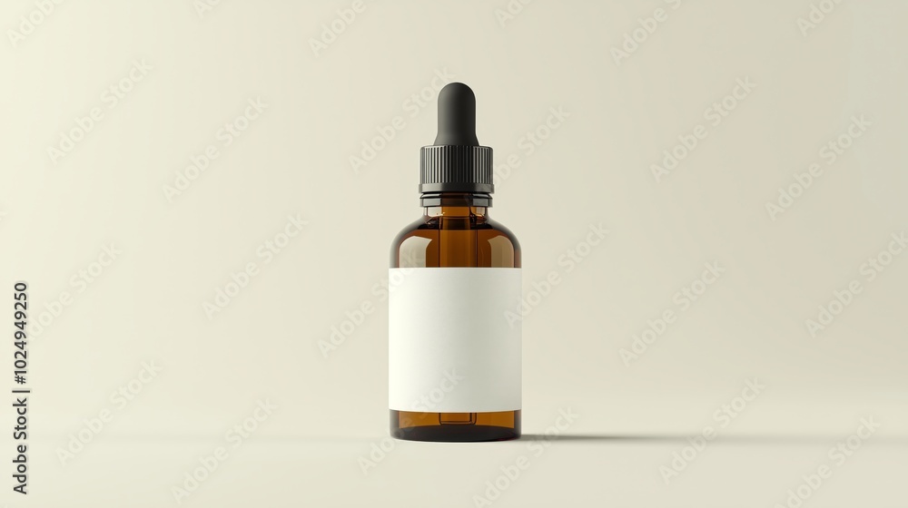 Single Amber Glass Dropper Bottle with Black Rubber Bulb and Cap Featuring Blank White Label on Light Beige Background in Simple and Clean Design Single Amber Glass Dropper Bottle with Black Rubber Bulb and Cap Featuring Blank White Label on Light Beige Background in Simple and Clean Design