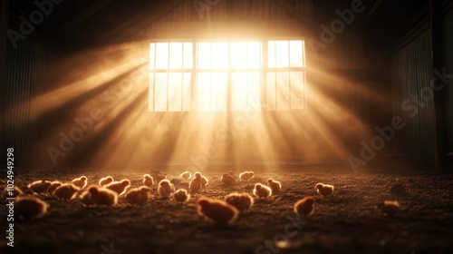 A group of fluffy chick hatchlings are illuminated by the warm, soft glow of morning sunlight streaming through barn windows, highlighting their tender innocence. photo