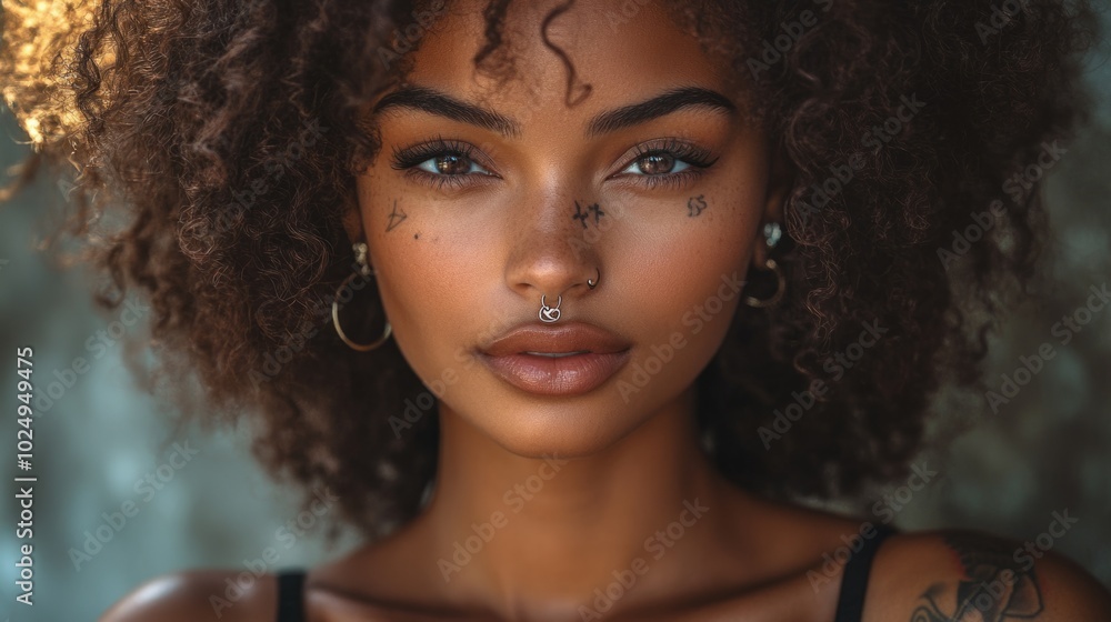 A woman with a nose piercing and a tattoo on her arm A woman with a nose piercing and a tattoo on her arm