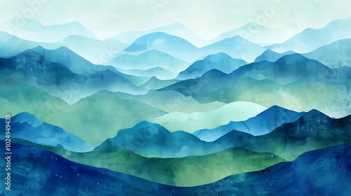 A serene watercolor landscape showcasing layered mountains in shades of blue and green.