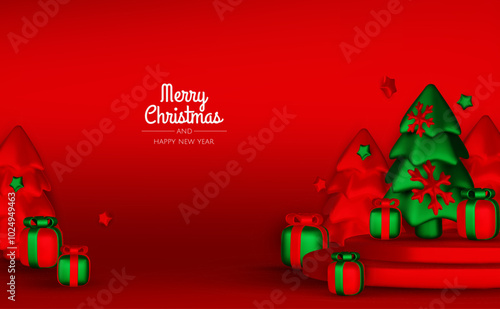 Happy New Year and Merry Christmas. Christmas holiday background with realistic 3d objects,gold and red bauble balls, conical metal stars. Levitation falling design composition.