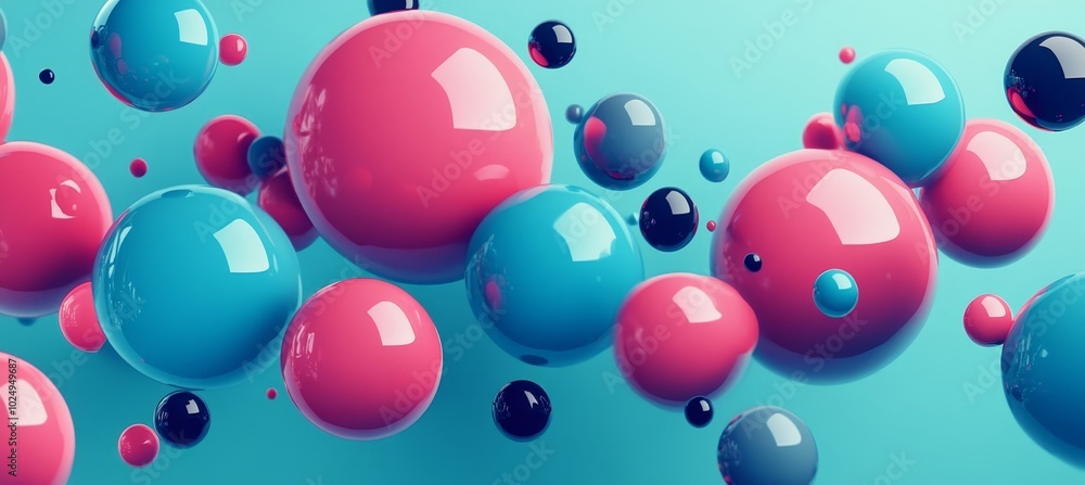 Abstract 3D Rendering of Glossy Pink and Blue Spheres of Different Sizes on a Light Blue Background Abstract 3D Rendering of Glossy Pink and Blue Spheres of Different Sizes on a Light Blue Background