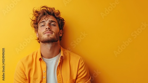 A stylish man with tousled hair stands relaxed against a vivid yellow background, portraying a sense of effortless style and modern individuality with ease.