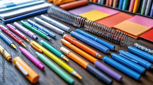 A colorful array of pens and stationery on a wooden surface.