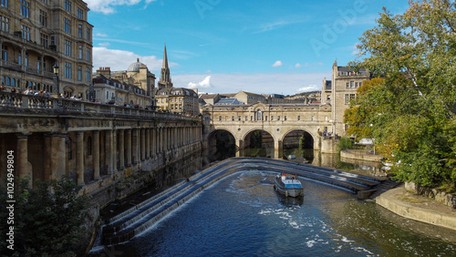 Aerial view of the Pulteney Bridge above the river Avon