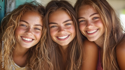 Three young women with radiant smiles and glowing skin are posing closely together, showcasing their beautiful complexion and joyful expressions in natural light.