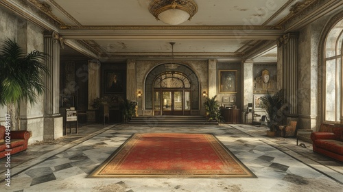 Forgotten Elegance, a decaying hotel lobby echoes stories of opulence, dust settles on ornate chandeliers and faded carpets, remnants of a bygone era. photo