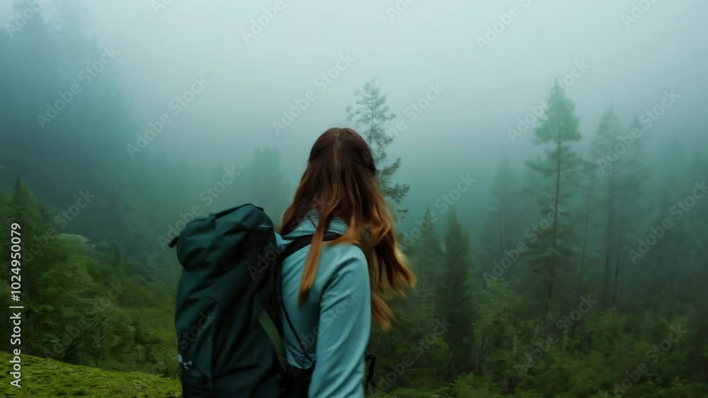 A young female tourist enjoys the morning foggy forest. A serene morning in the forest finds a young woman exploring the fog-shrouded trees, discovering the beauty of nature's quietude. A young female tourist enjoys the morning foggy forest. A serene morning in the forest finds a young woman exploring the fog-shrouded trees, discovering the beauty of nature's quietude.
