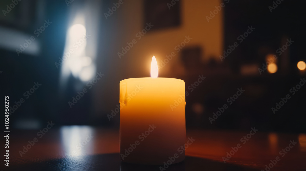 A close-up shot of a candle with a glowing flame gently flickering in a dimly lit room, casting warm shadows on the wall and creating a peaceful ambiance A close-up shot of a candle with a glowing flame gently flickering in a dimly lit room, casting warm shadows on the wall and creating a peaceful ambiance