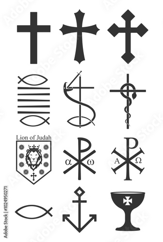 Christianity vector symbol set. Cross crusifix. Nehushtan bronze snake. Bread miracle. Ichthys sign. Lion of judah logo. Chi rho sign. Anchor and holy grail symbol.